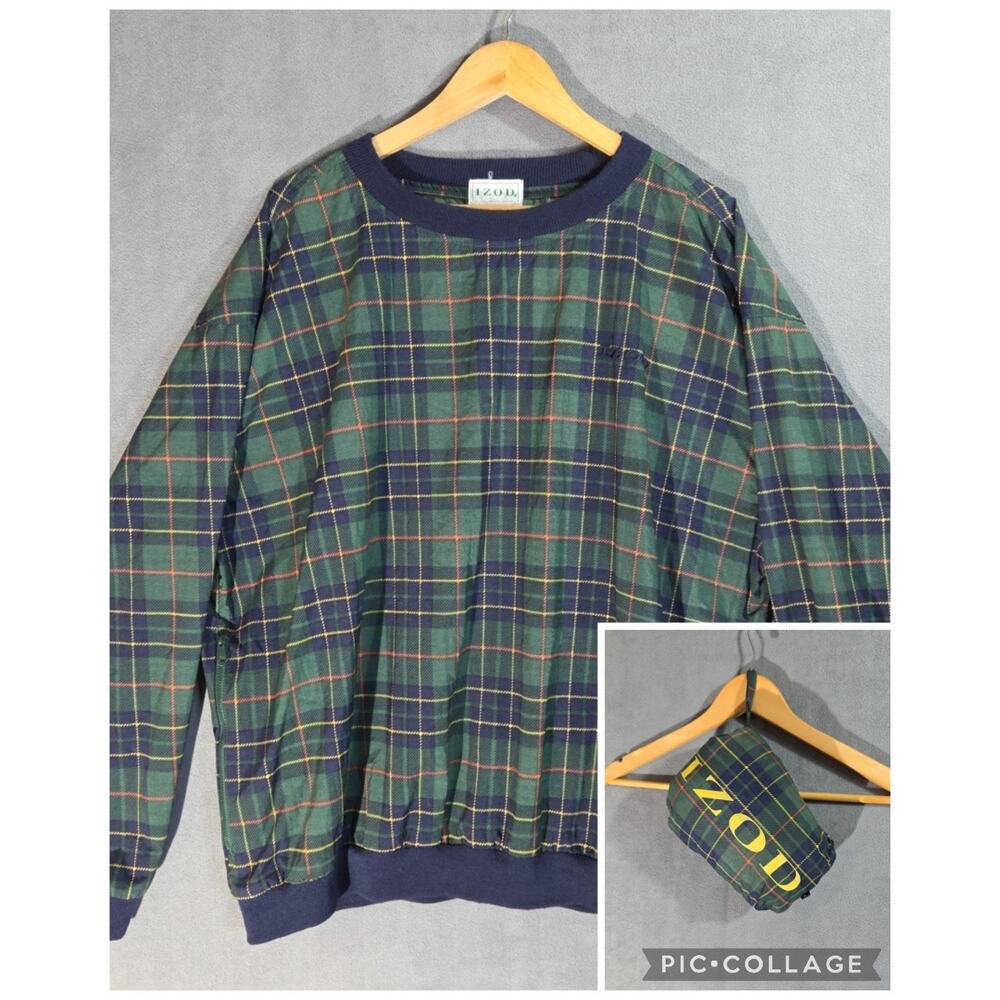 Vtg Izod Pullover Windbreaker Mens Large L Plaid V Neck Golf Packable 90s Jacket